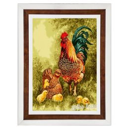 تابلو فرش ماشینی دستباف گونه طرح مرغ و خروس و جوجه ها با رنگبندی زیبا کد 3016