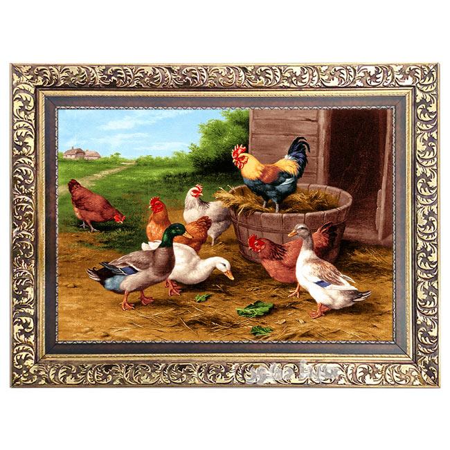 تابلو فرش ماشینی طرح روستایی مرغ و خروس و اردک کد 3034