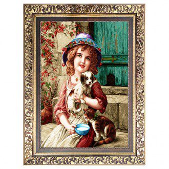 تابلو فرش ماشینی طرح دختر بچه و گربه و سگ (لیندا) کد 6267