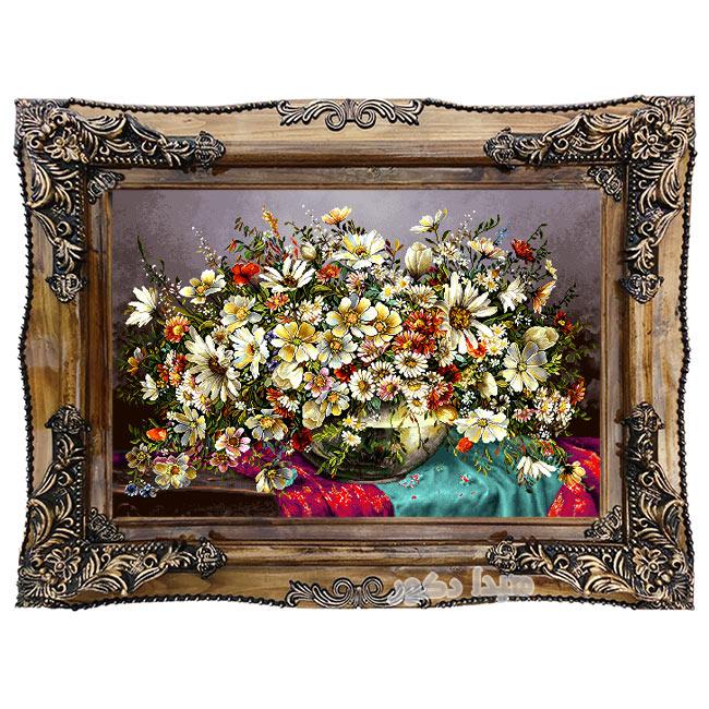 تابلو فرش ماشینی دستباف گونه طرح گل گلدان شیشه ای گل بابونه کد 2158