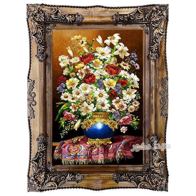تابلو فرش ماشینی دستباف گونه طرح گل و گلدان مجلسی گل بابونه کد 2159