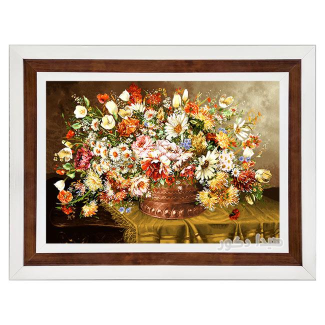 تابلو فرش ماشینی دستباف گونه طرح گلدان مسی گل های زیبا و رنگارنگ کد 2177