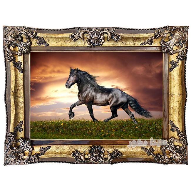 تابلو فرش اسب مشکی زیبا - ماشینی دستباف گونه جدید کد 3140