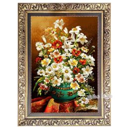 تابلو فرش گل و گلدان گل بابونه زیبا - ماشینی دستباف گونه کد 2251