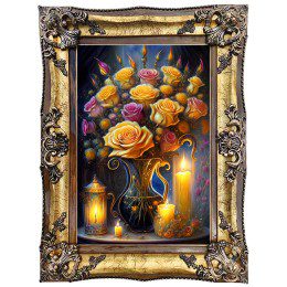 تابلو فرش گل و گلدان مجلسی گل رز زرد و شمع کد 2783
