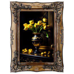 تابلو فرش ماشینی دستباف گونه طرح گل و گلدان گل لاله طلایی جدید کد 2739