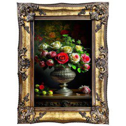تابلو فرش ماشینی دستباف گونه گل و گلدان گل رز زینتی کد 2787