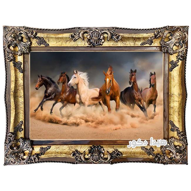 تابلو فرش ماشینی ارزان قیمت طرح گله اسب های وحشی در بیابان کد 3228