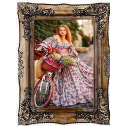 تابلو فرش ماشینی دستباف گونه طرح دختر گل فروش با دوچرخه کد 6454
