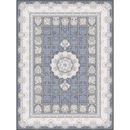فرش ماشینی 1200 شانه طرح خشتی زمینه آبی و حاشیه کرم و طوسی کد 11202