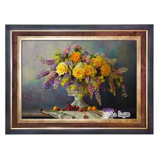 تابلو فرش ماشینی طرح گل و گلدان گل رز زرد کد 2851