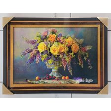تابلو فرش ماشینی طرح گلدان گل رز زرد کد 2851 با قاب سوبل طلایی