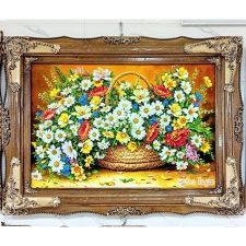 تابلو فرش ماشینی طرح گل بابونه زیبا با قاب لوکس چوبی کد 2852
