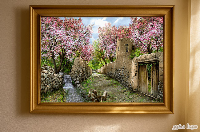 تابلو فرش ماشینی منظره کوچه باغ بهاری در خانه