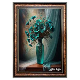 تابلو فرش ماشینی گل و گلدان فیروزه ای مدرن کد 6793