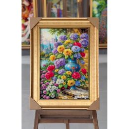 تابلو فرش ماشینی گل و گلدان گل داوودی و رز مینیاتوری کد 2939