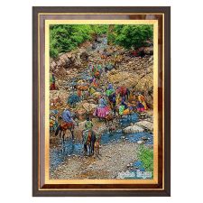 تابلو فرش ماشینی کوچ عشایر کد 3473 با قاب سوبل طلایی