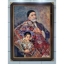 تابلو فرش ماشینی طرح میراث فرش فروش (پدربزرگ و پسر فرش فروش) کد 3476