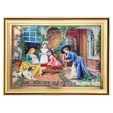 تابلو فرش ماشینی طرح حیاط همسایه کد 4125 با قاب توگرد طلایی دوبل