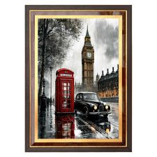تابلو فرش ماشینی طرح لندن بارانی کد 6806 با قاب سوبل طلایی