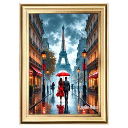 تابلو فرش ماشینی طرح عاشقانه ای در پاریس بارانی کد 6748